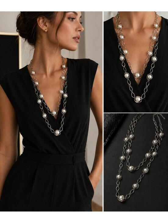 New York & Company Jewelry - Vintage NY&Co Silver Faux Pearl Layered Necklace